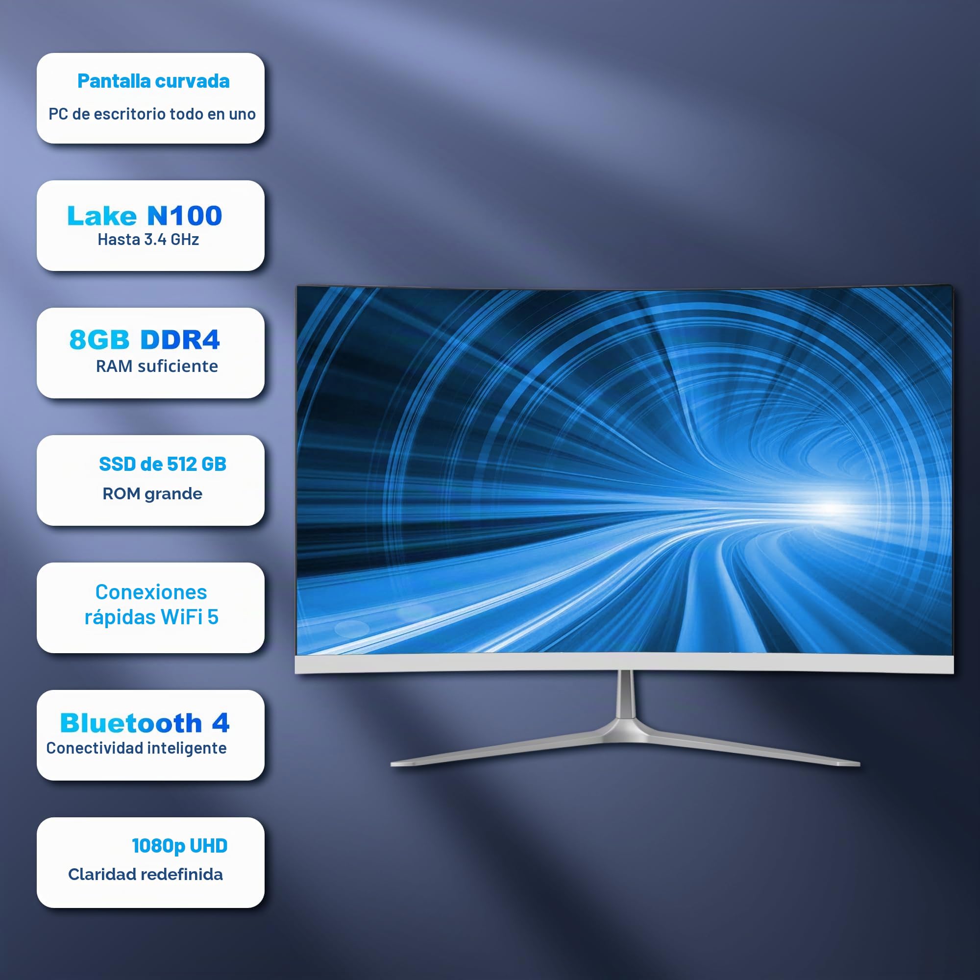 Ordenador Todo en Uno con Pantalla Curva 23.8" Procesador Celeron N100 (Up to 3.4Ghz) 8GB de RAM 512GB SSD Ordenador de Escritorio Todo en Uno Dual-Band WiFi Bluetooth 4.0 Completo con Ratón y Teclado