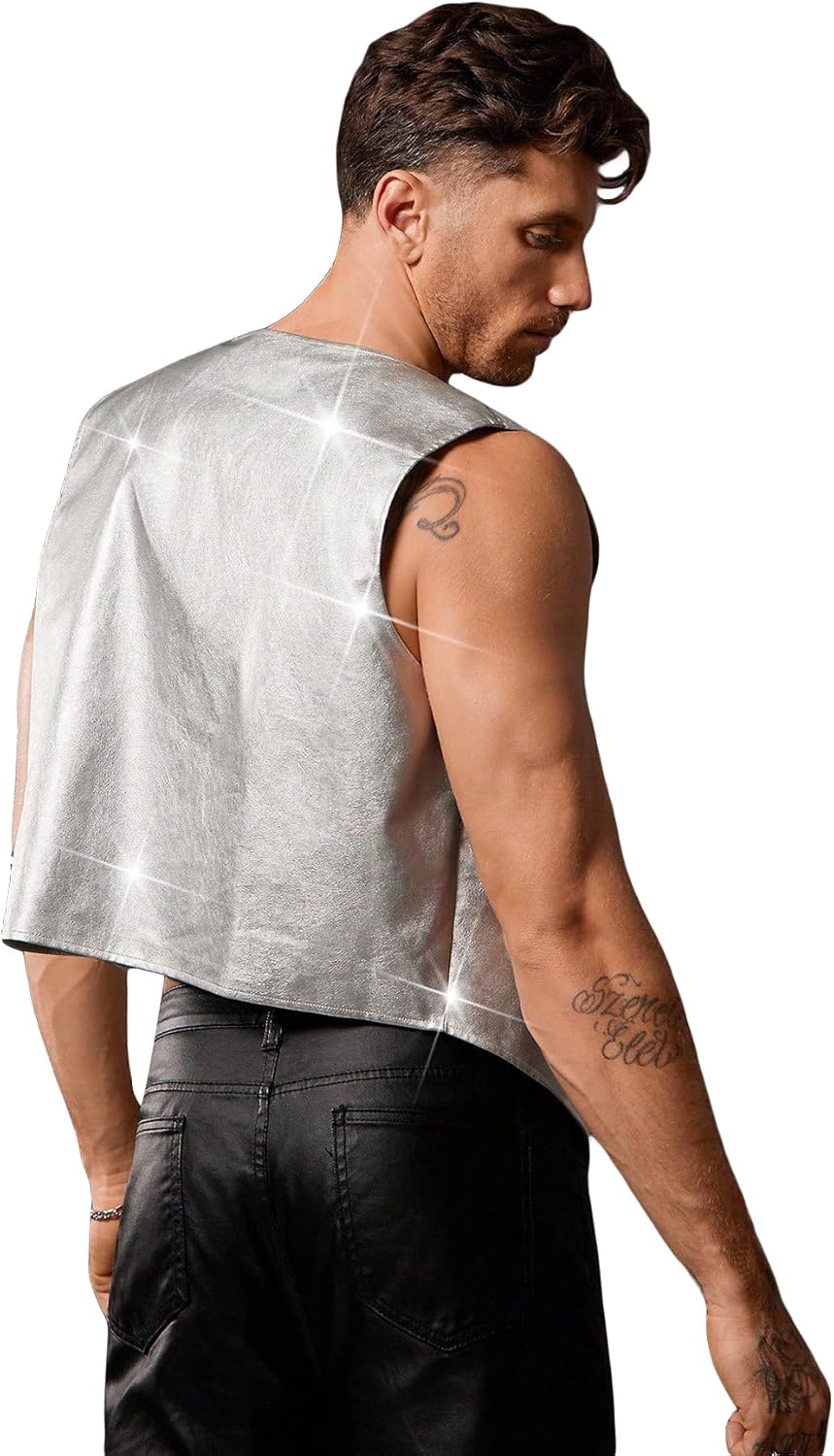 SHENHE Men's Metallic Sequin Fringe Vest Open Front Sleeveless Loose Jacket Rave Clubwear - Image 3