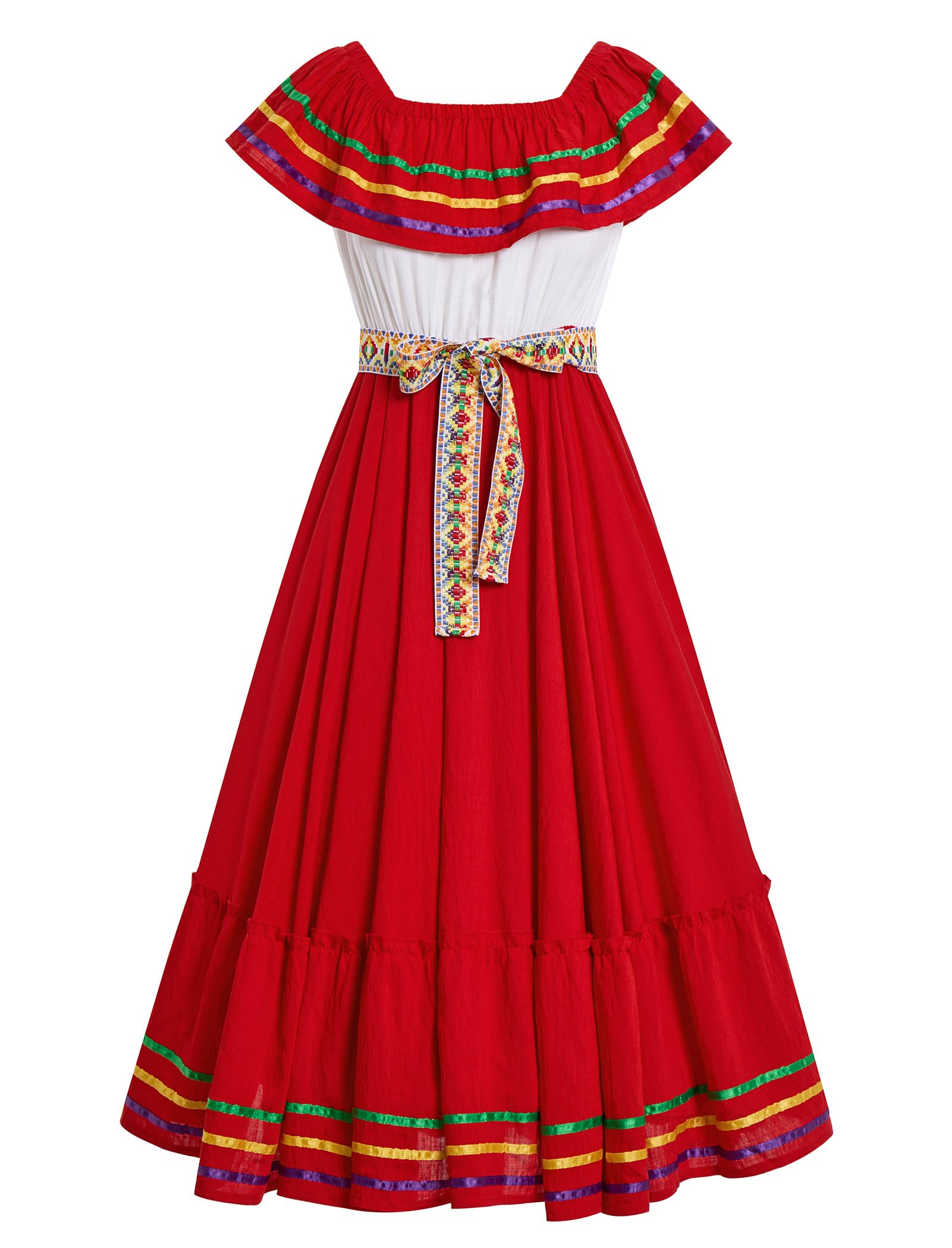 Womens Cinco De Mayo Fiesta Mexican Traditional Folk Ruffle Drape Dress with Belt