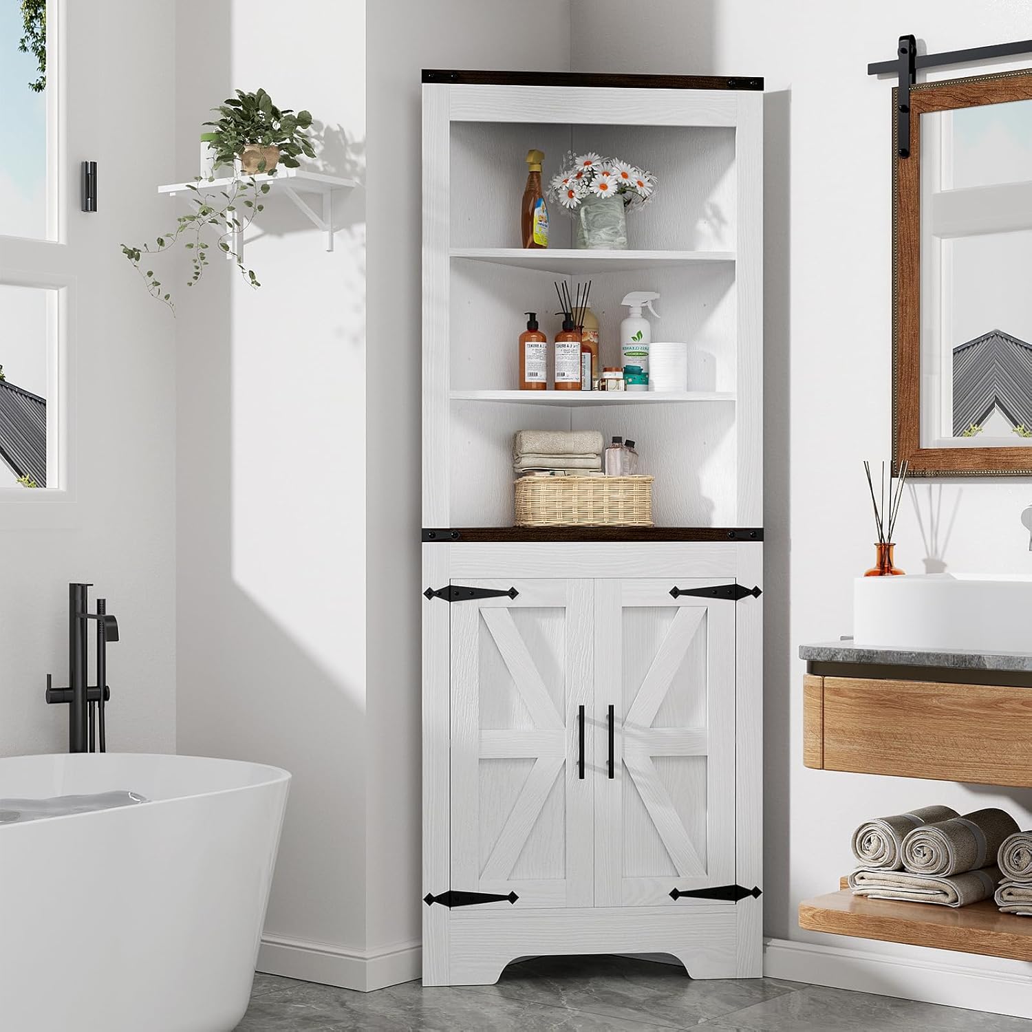 ROOMTEC Tall Bathroom Corner Cabinet with Barn Door Adjustable