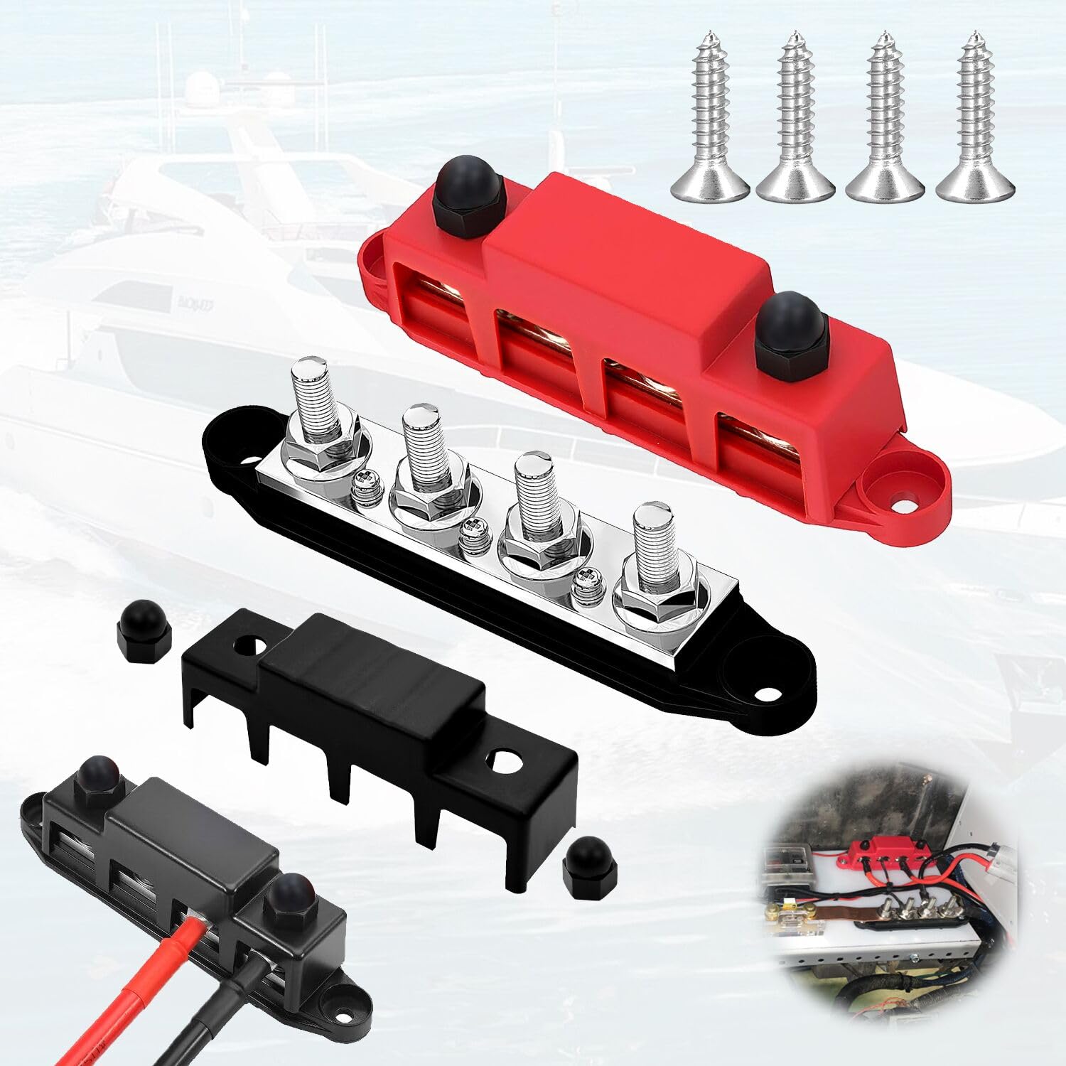 Fosoloni 2 Stück 12V-48V DC Sammelschienen Verteilerblock 250A BusBar mit 4 x M8 Klemmenbolzen, Hochleistungsmodul für Auto RV Boat Yacht(Rot Schwarz), Sammelschiene 12v, mit Abdeckung