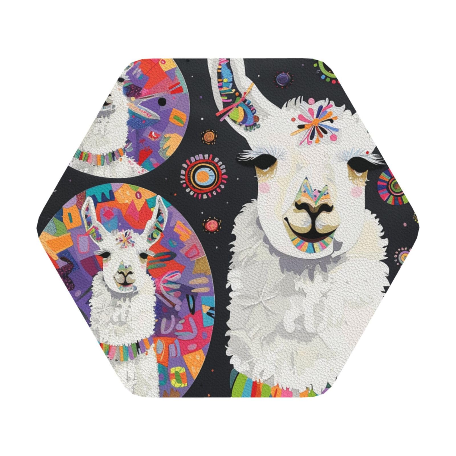 Llama Alpaca Print Leather Coaster Set of 6, Hexagon Coasters Table Decorative Coffee Cup Beverage Coasters Wine Beer Bar Coasters for Hot Drinks Table Protection
