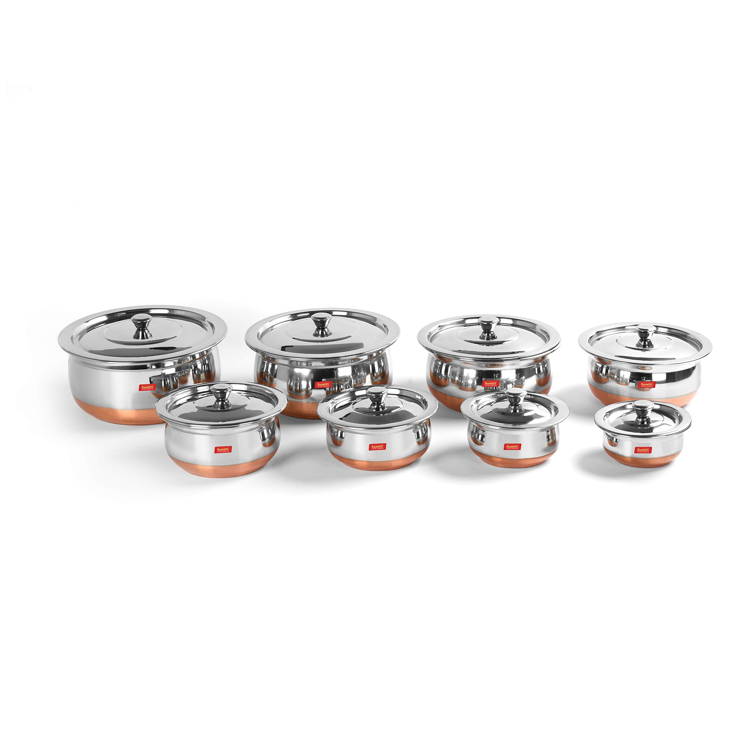 Sumeet Stainless Steel Copper Bottom 8 Pc Handi/Cookware/Servware Pot Set with Lid 360ML, 500ML, 800ML, 1Ltr, 1.250Ltr, 1.650Ltr, 2.3Ltr, 3Ltr(Silver)
