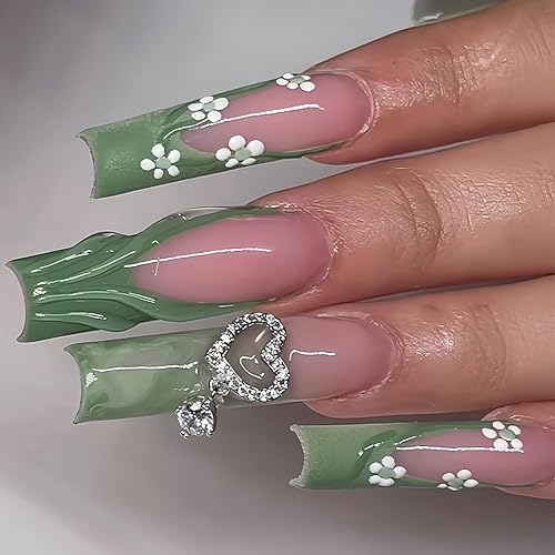 Green French Tip Press on Nails Long Square Fake Nails