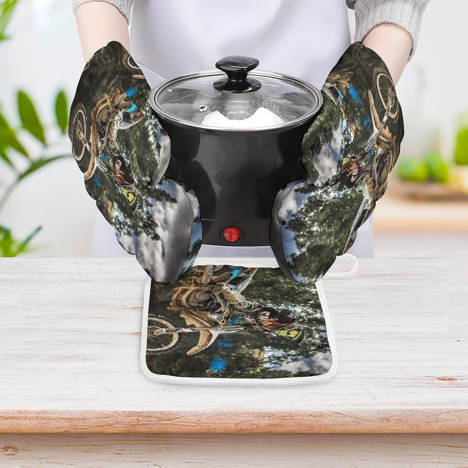 Motocross Motorcycle Vehicle Print Oven Mitts and Pot Holders 3 Piece Sets Heat Resistant Gloves Hot Pads Potholders for Kitchen Baking Cooking