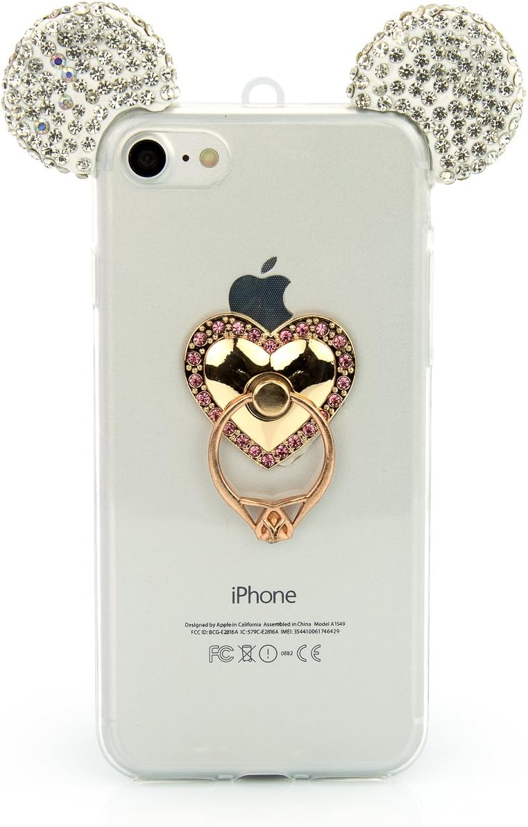 Glitter Ear Rhinestone Mouse Heart Ring Mobile-Phone-Case For Galaxy S8 Plus Protective Skin Luxury Soft Clear Transparent Stand Finger-Holder Smartphone Glitter Slim Cover Bling Sparkle