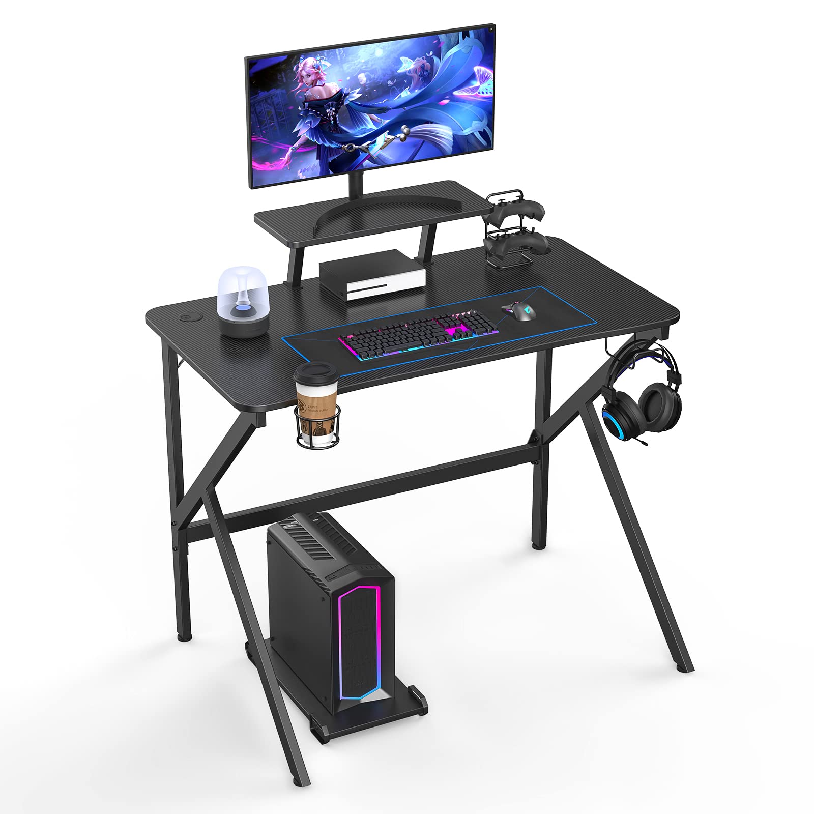 Mesa de juegos, Mesa para Ordenador, Escritorio para Videojuegos Ergonómicos, Juego con Portavasos, Gancho para Auriculares y Soporte de Altura Extraíble (100 x 55 x 75 cm, Negro)
