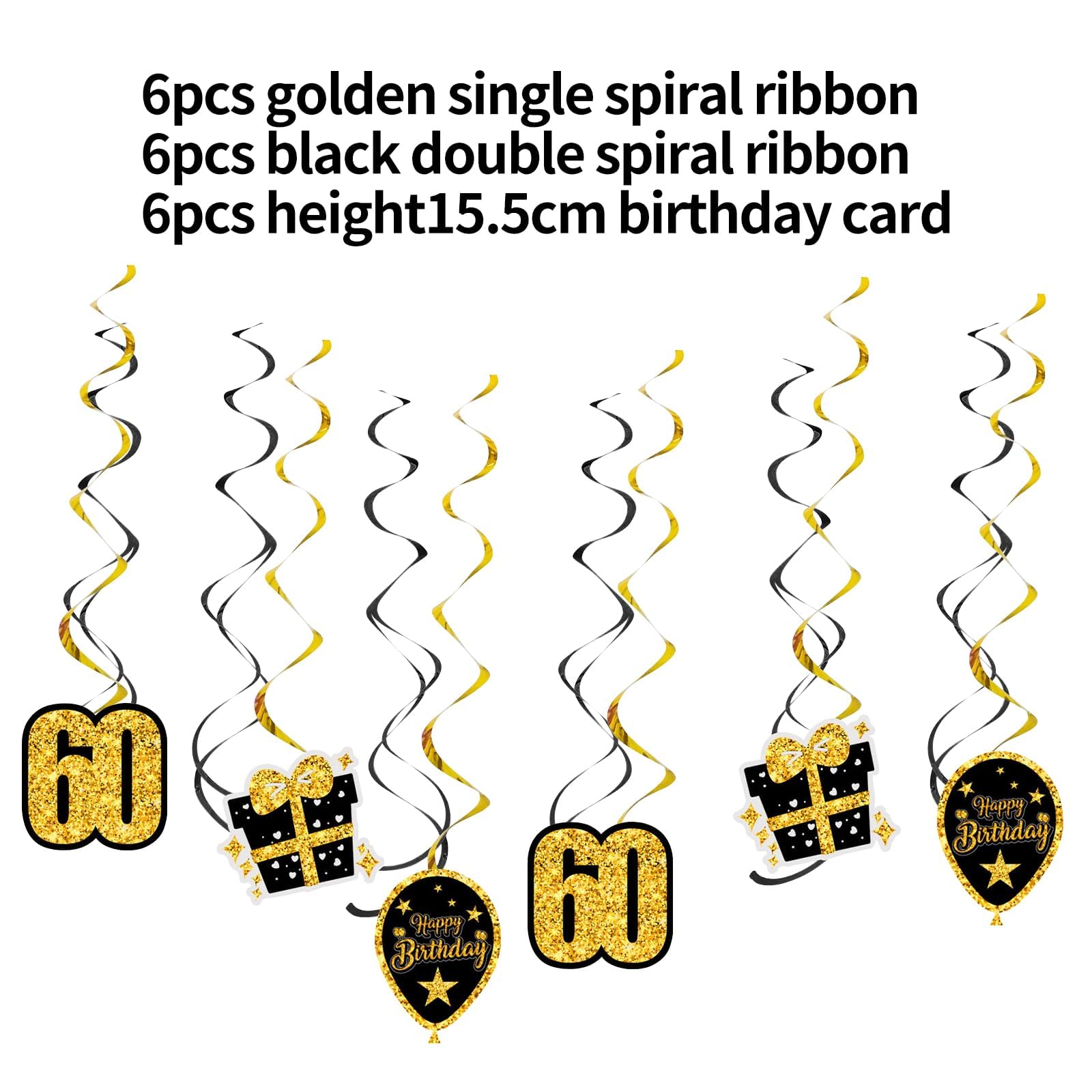 Set Di 6 Decorazioni A Spirale Per 60° Compleanno, Oro/argento/nero, In PVC E Carta, Diametro 14-18 Cm, Per Feste