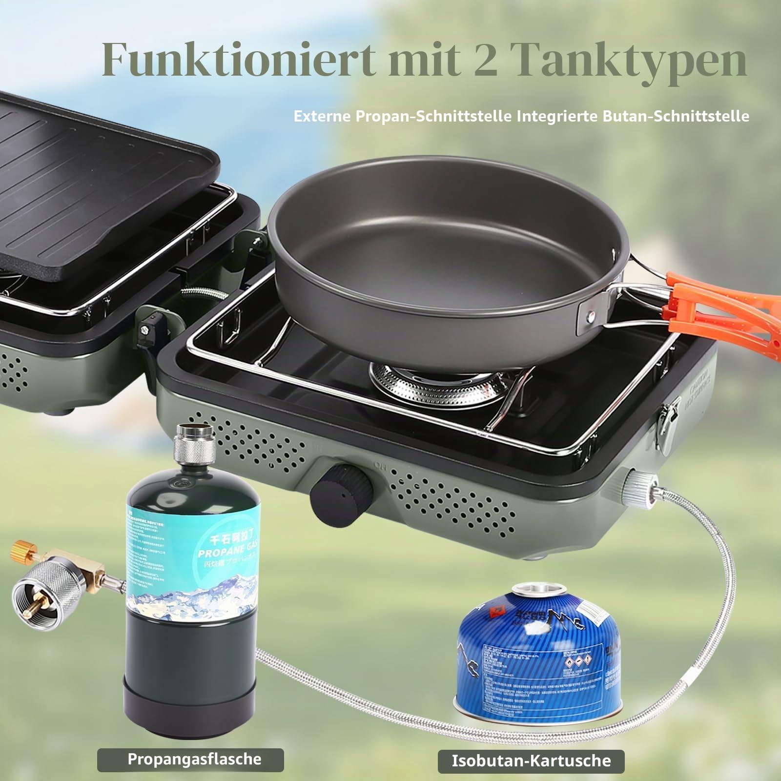GFTIME Tragbarer 2-Brenner Campingkocher Set mit Kochgeschirr, 30000 BTU/h, Outdoor-Kochset inkl. Outdoor Klapp-Gasherd, Bratpfanne, Grillplatte, Wasserkocher, Topf und Tragetasche, für Propan&Butan