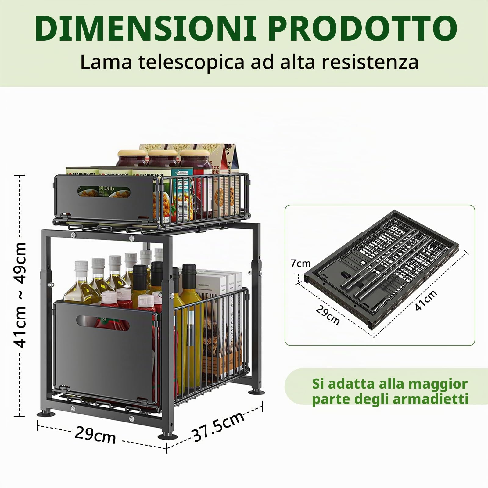 Armadio portaoggetti da cucina a doppio strato in metallo | Cassetto telescopico estraibile, cassetto estraibile da cucina, in metallo, Per mobili da cucina, 37,5 x 29 x 41-49 cm