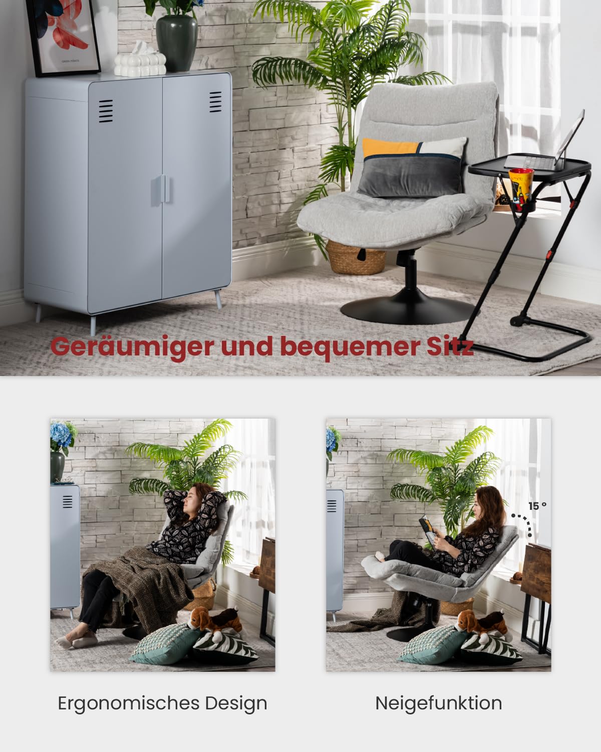 MEUBLE Cosy Sessel Lehnstühle Lounge Bürostuhl mit höhenverstellbar Wippfunktion Relaxsessel 360° Drehbar Schminkstuhl Polsterstuhl für Schlafzimmer Wohnzimmer Büro Vanity, Chenille-Stoff, Grau