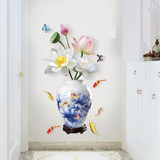 Indian Royals Blue Flower Pot Wall Sticker for Living Room Floral