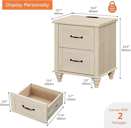 Miniatura 22 de WAMPAT Mesita de noche con estación de carga, mesa auxiliar de granja para sala de estar con 2 cajones, mesita de noche de madera natural para