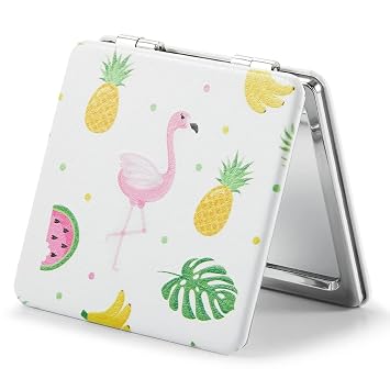 OMIRO 1X/3X Magnifying Mirror, Unique Painting Compact Mirror with Classical PU Leather Flamingo and Tropical Print