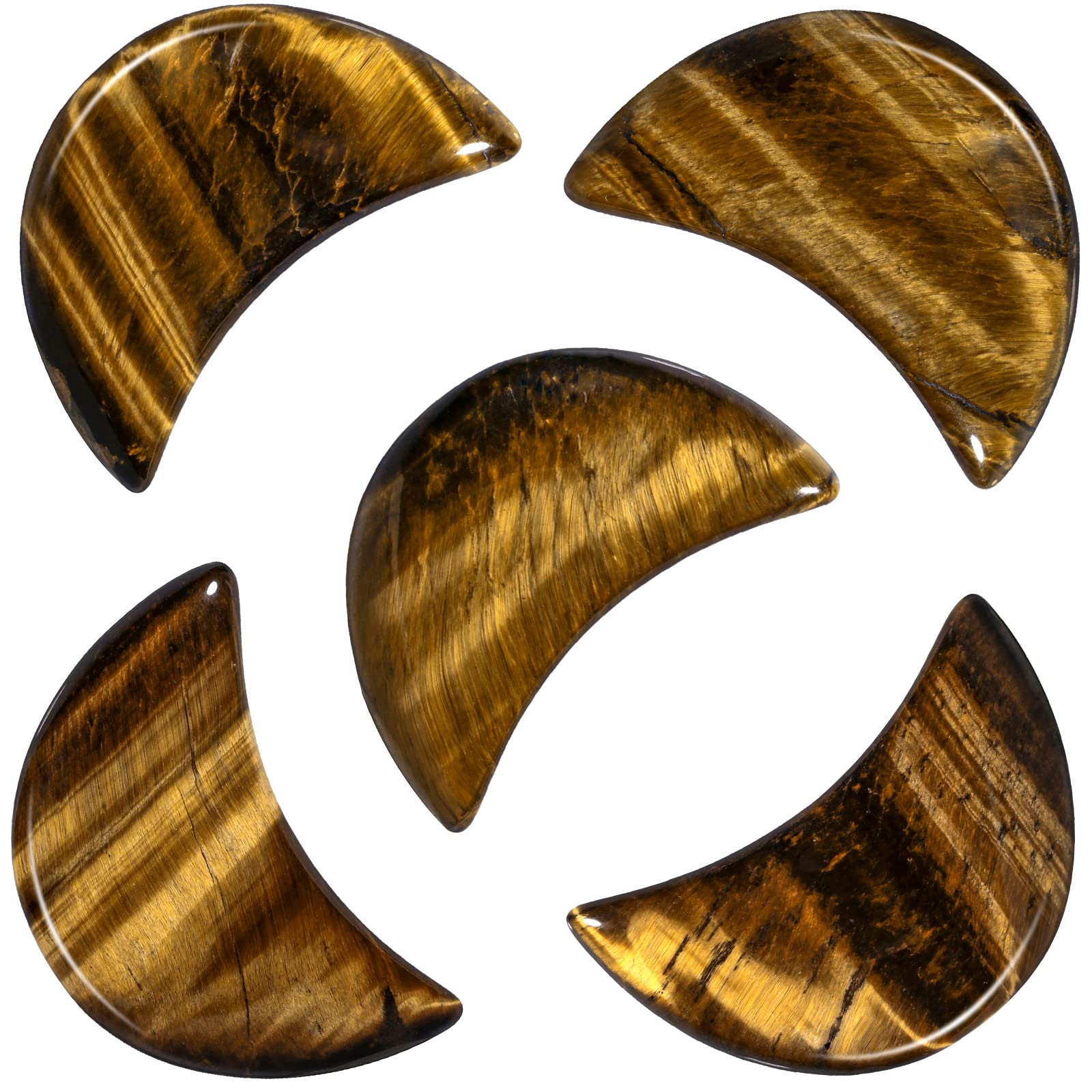 mookaitedecor Set of 5 Tiger's Eye Moon Shape Palm Worry Stones for Anxiety and Jewellery Making Stone Pendant for DIY Necklace Reiki Chakra Healing Crystals Semi Precious Stones for Home Decor