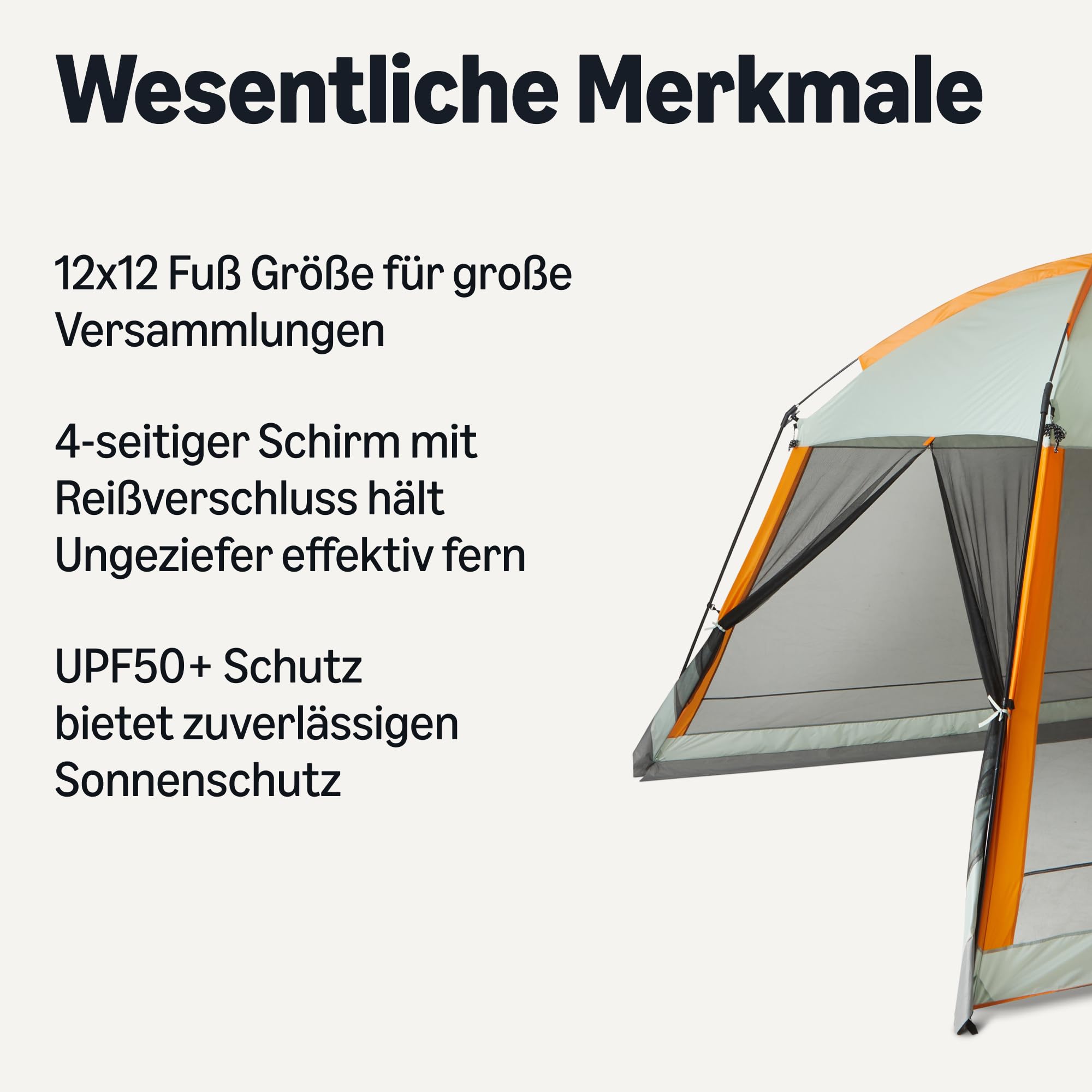 Amazon Basics Baldachin-Zelt mit Netzgitter, UPF 50+ Sonnenschutz, Campingzelt für Gartenpartys, Strand und Terrasse, 381,2cm x 381cm x 262cm, Grau und Orange