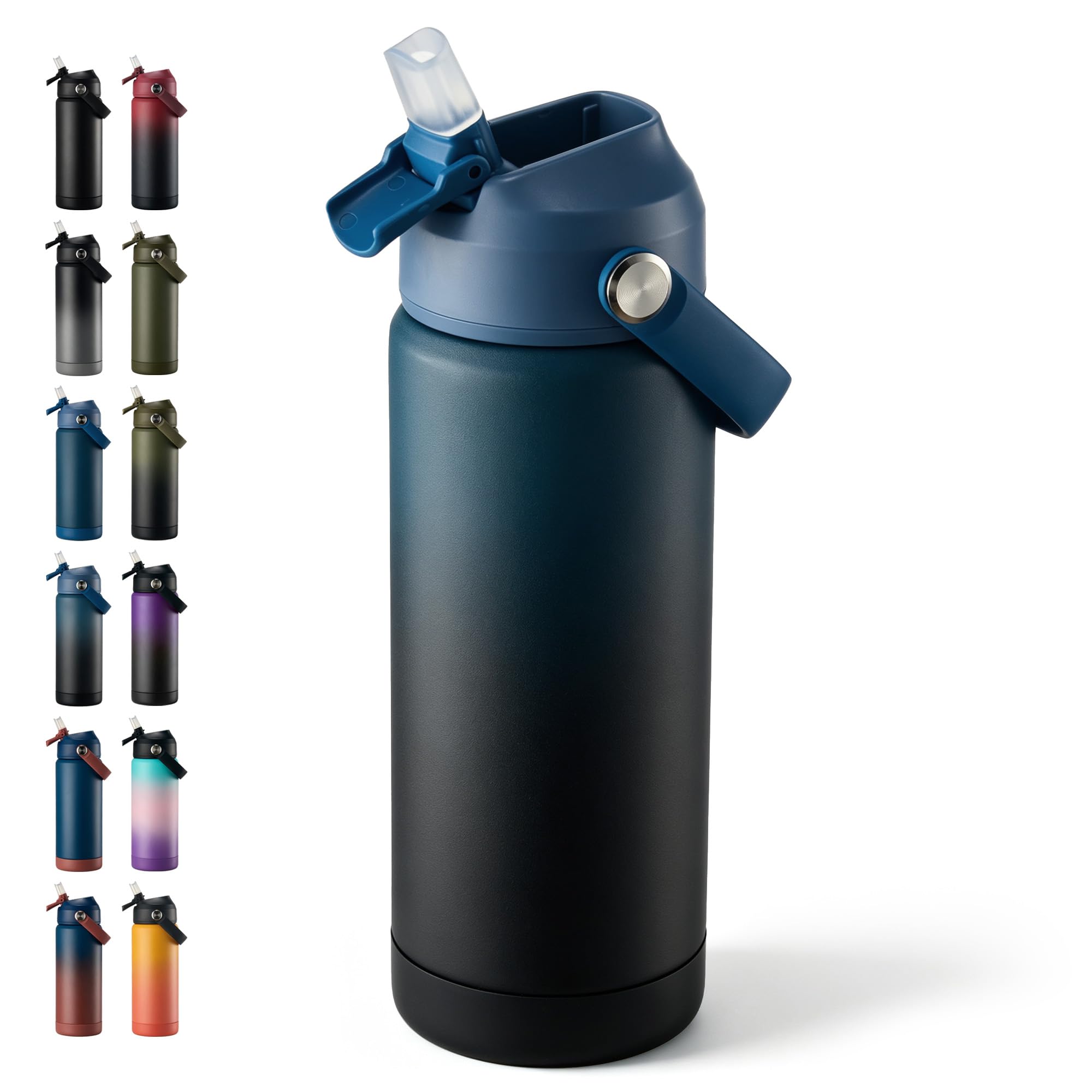 Fijinhom 18 oz Insulated Water Bottle with Straw Lid, Stainless Steel Water Bottles, Double Wall Vacuum, Portable Handle &amp; Non-slip Bottom, BPA Free Leak Proof Metal Bottles, Keep Cold 24H, Blue/Black