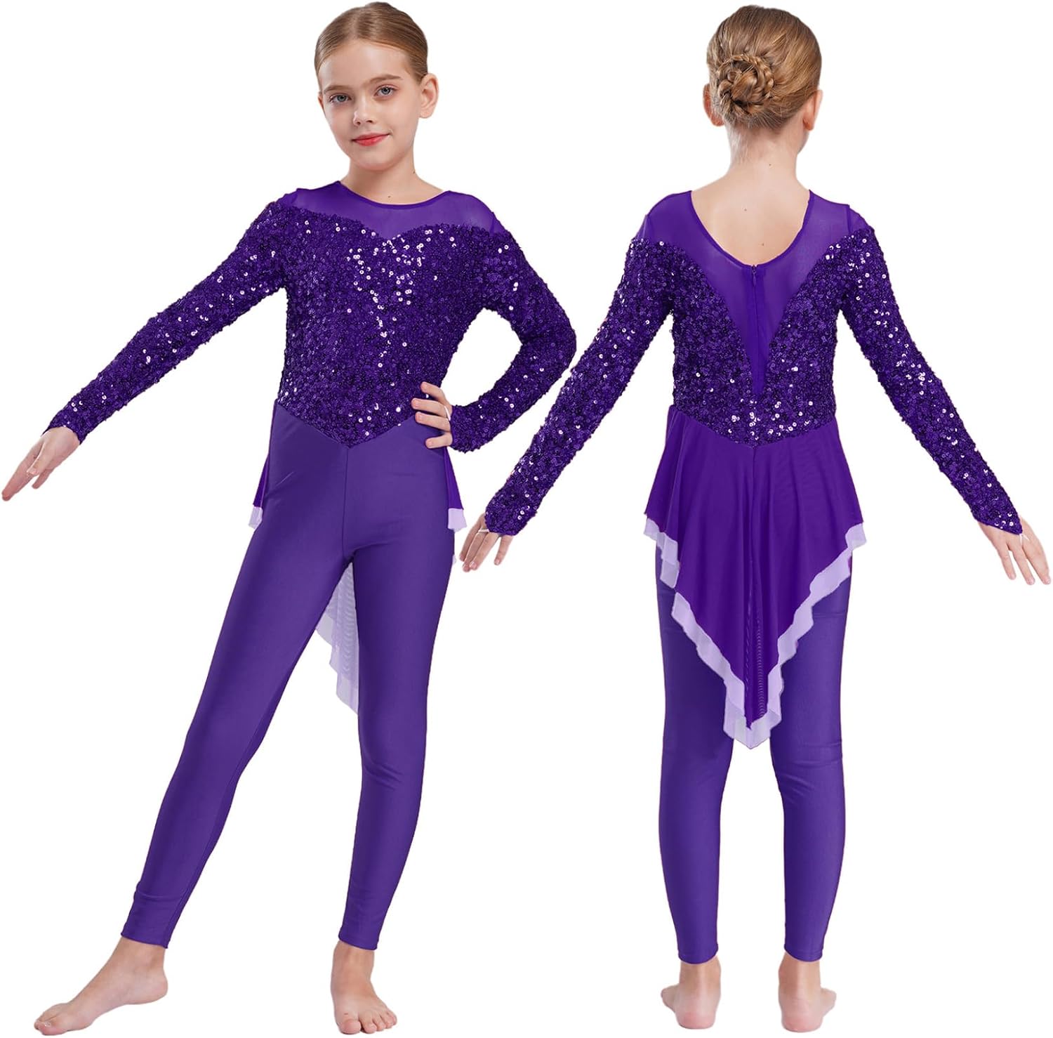 Jan Jean Kids Girls Long Sleeve Gymnastics Skirted Unitard Glitter Sequins Zip Back Ballroom Ballet Dance Jumpsuit Dancewear