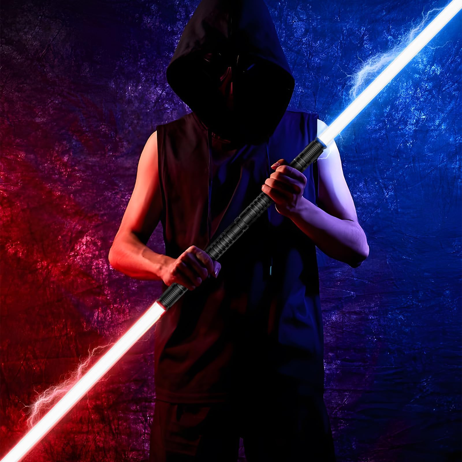 Lischwert Sabre Laser, Lightsaber,Sabres Lumineux en métal 2 en 1 connectables, 11 Couleurs RVB modifiables 4 Voix de modèles, Balancement Fluide et Effets sonores de Combat