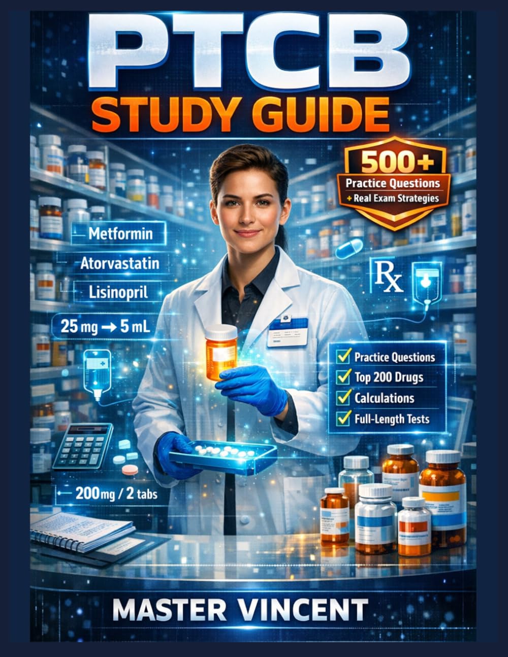 PTCB Study Guide: Complete Pharmacy Technician Exam Prep with Practice Questions, Detailed Explanations, Calculations, Top 200 Drugs, and Full-Length Practice Tests for First-Time Pass