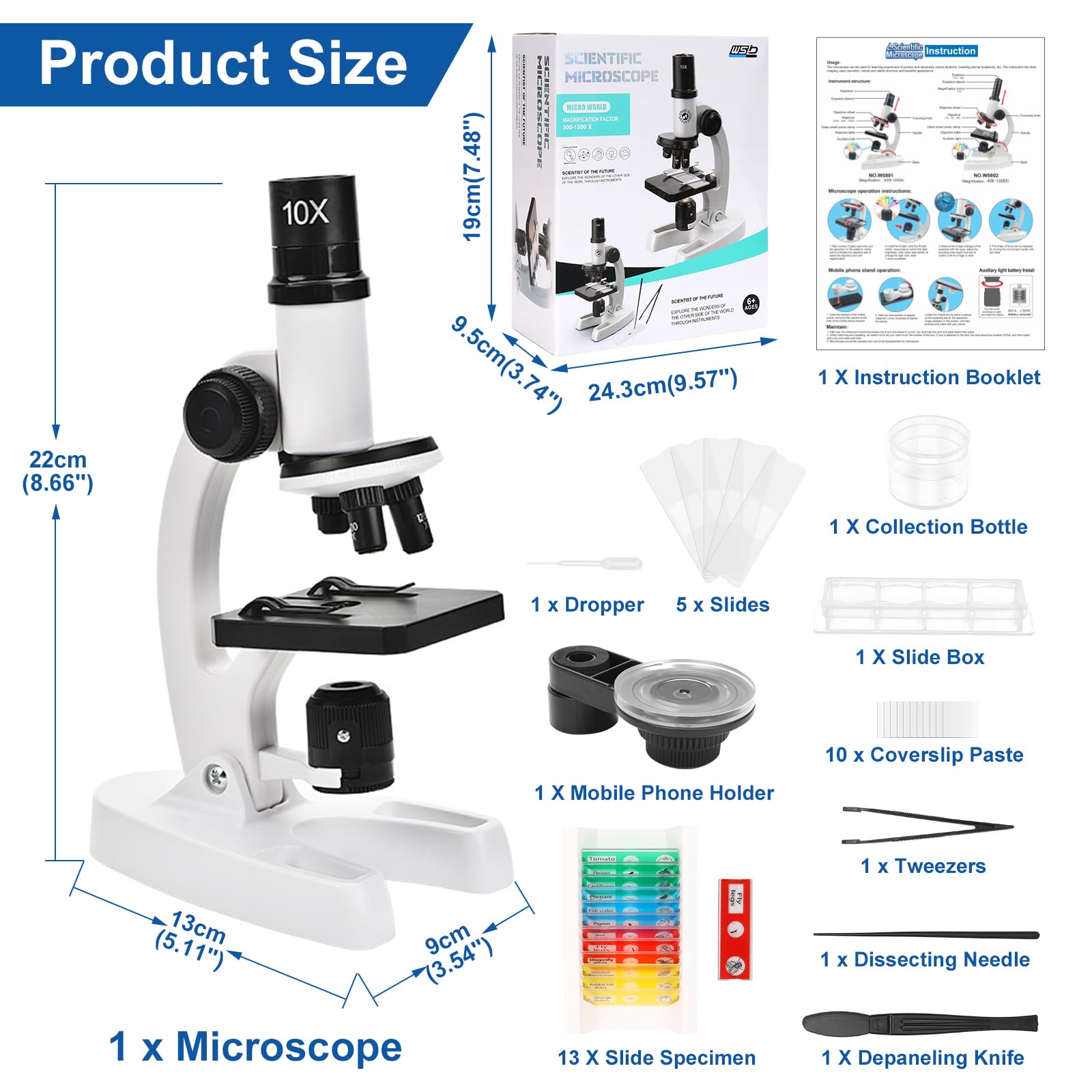 ALEENFOON Microscopio Bambino, 100 x 400 x 1200 x Ingrandimento Scientifico Bambino Supporto Del Telefono Scatola di Plastica Microscopio Set per Bambini Studenti per l'Educazione Precoce