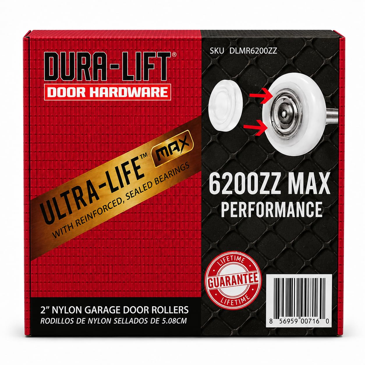 DURA-LIFT Ultra-Life MAX Rodillo de puerta de garaje de nailon sellado de 2 pulgadas 6200ZZ, vástago de 4 pulgadas, paquete de 10