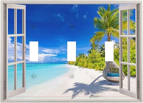 Miniatura 79 de Vista de ventana, isla tropical, playa, palmeras, cielo soleado, cubierta de interruptor de luz de palanca individual, placa decorativa de pared