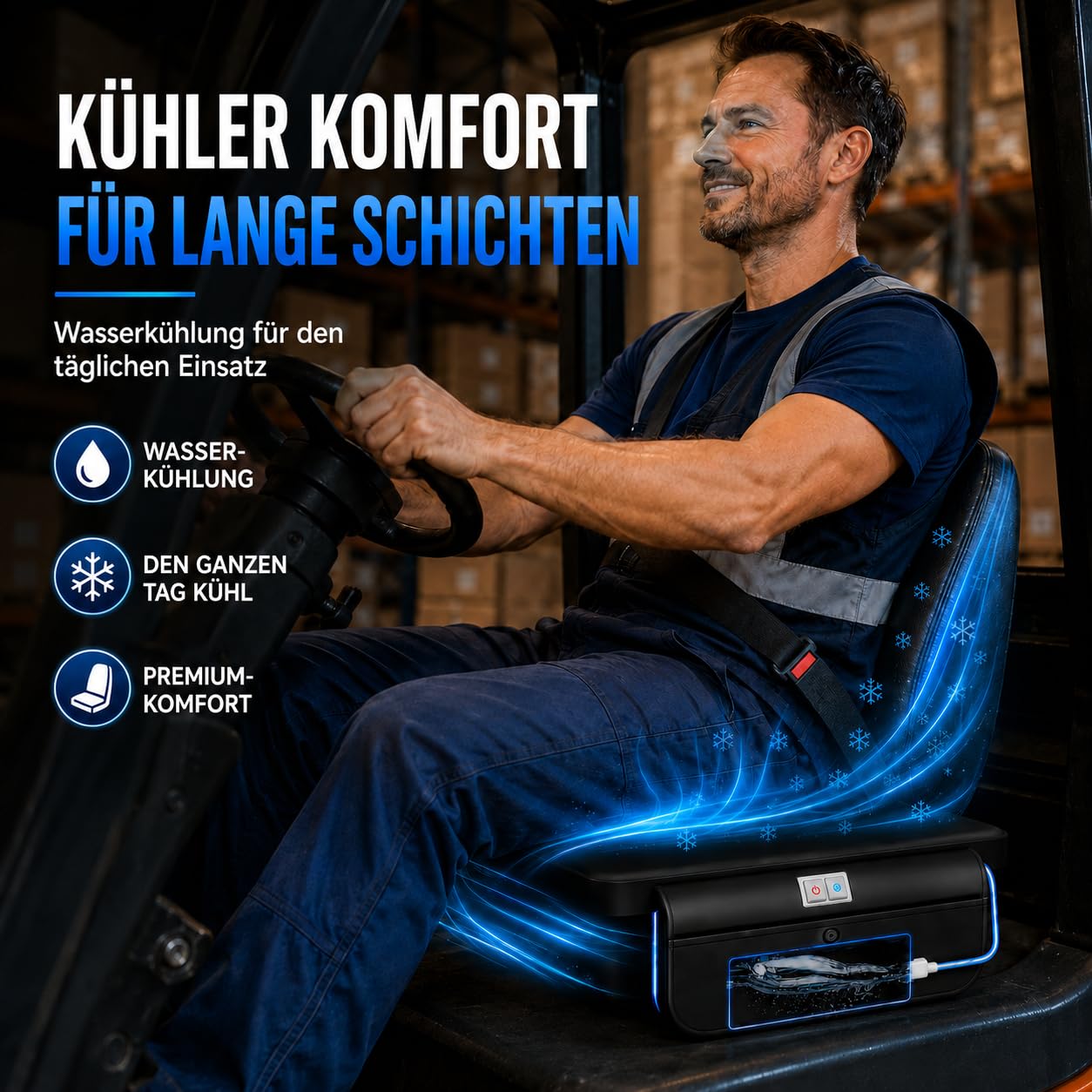 Wassergekühltes Sitzkissen mit Ventilator | Kühlung bis 27°C, 3 Geschwindigkeitsstufen, USB/12V/24V, für Auto und Büro