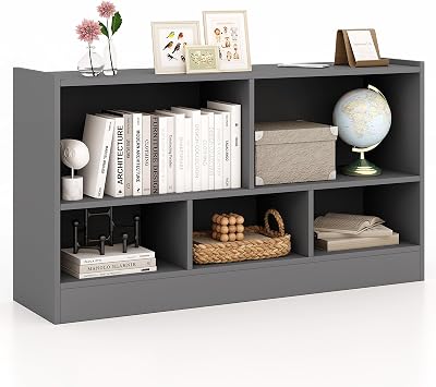 5 Cube Storage Organizer, 2-Tier Horizontal Bookshelf, Wooden Display Book Shelves for Home Office Classroom, Low Bookcase Under Window Grey, 44 x 12 x 24