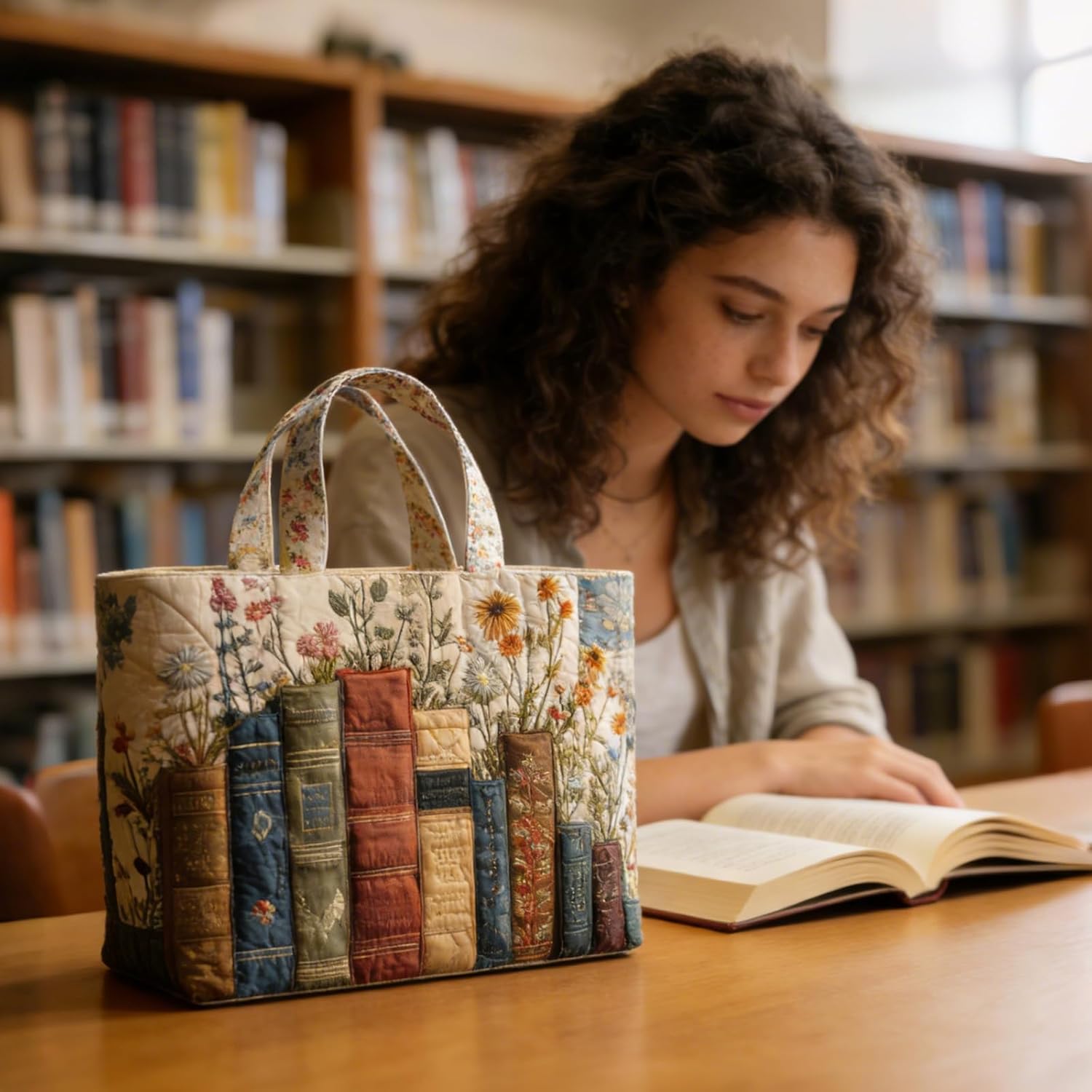 hibear Quilted Vintage Tote Bags for Women Large Bookish Shoulder Bag Cotton Floral Hobo Bag Shopping Grocery Beach Bag - Image 2