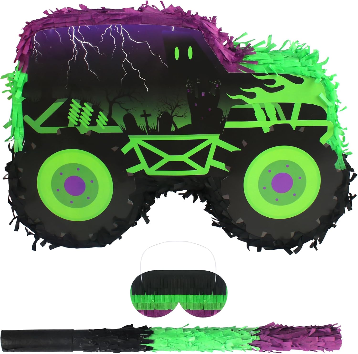 Green and Purple Monster Truck Pinata Car Pinata with Stick and Blindfold for Kids Boys Monster Truck Birthday Decorations Racing Car Birthday Party Supplies Race Car Carnival Party Favors Truck Car