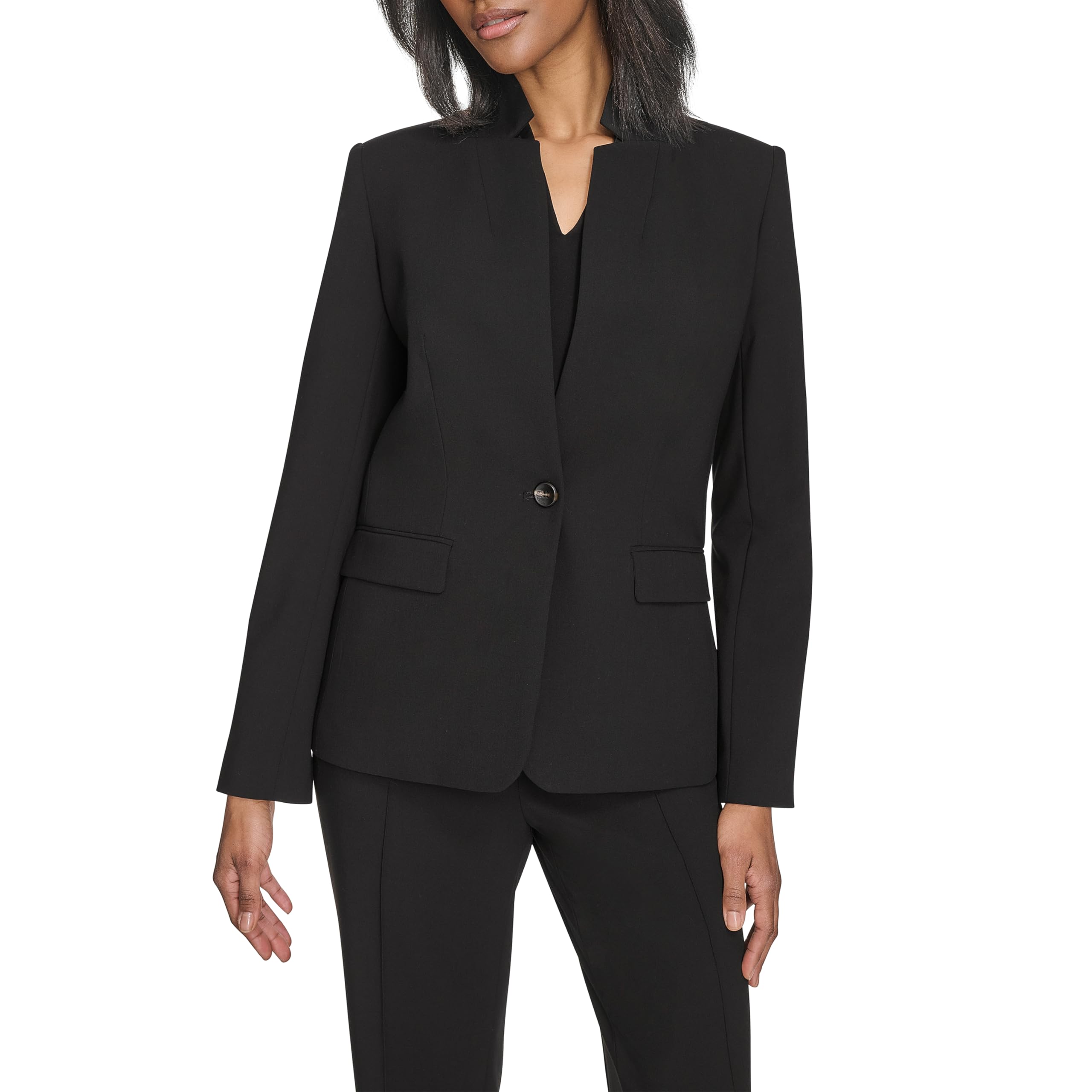 H Halston Womens One Button Front Pocket Woven Blazer