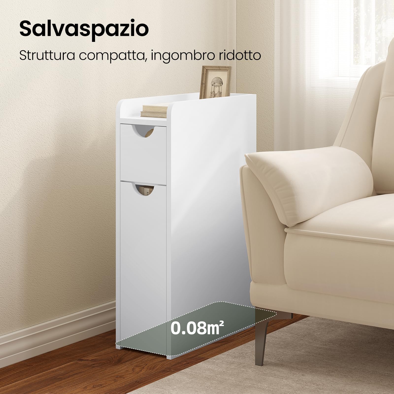 EUGAD Mobile Bagno Stretto con 2 Cassetti, Mobiletto Compatto Salvaspazio, Armadietto Bagno Verticale, Multifunzionale con Ripiano Aperto, Bianco