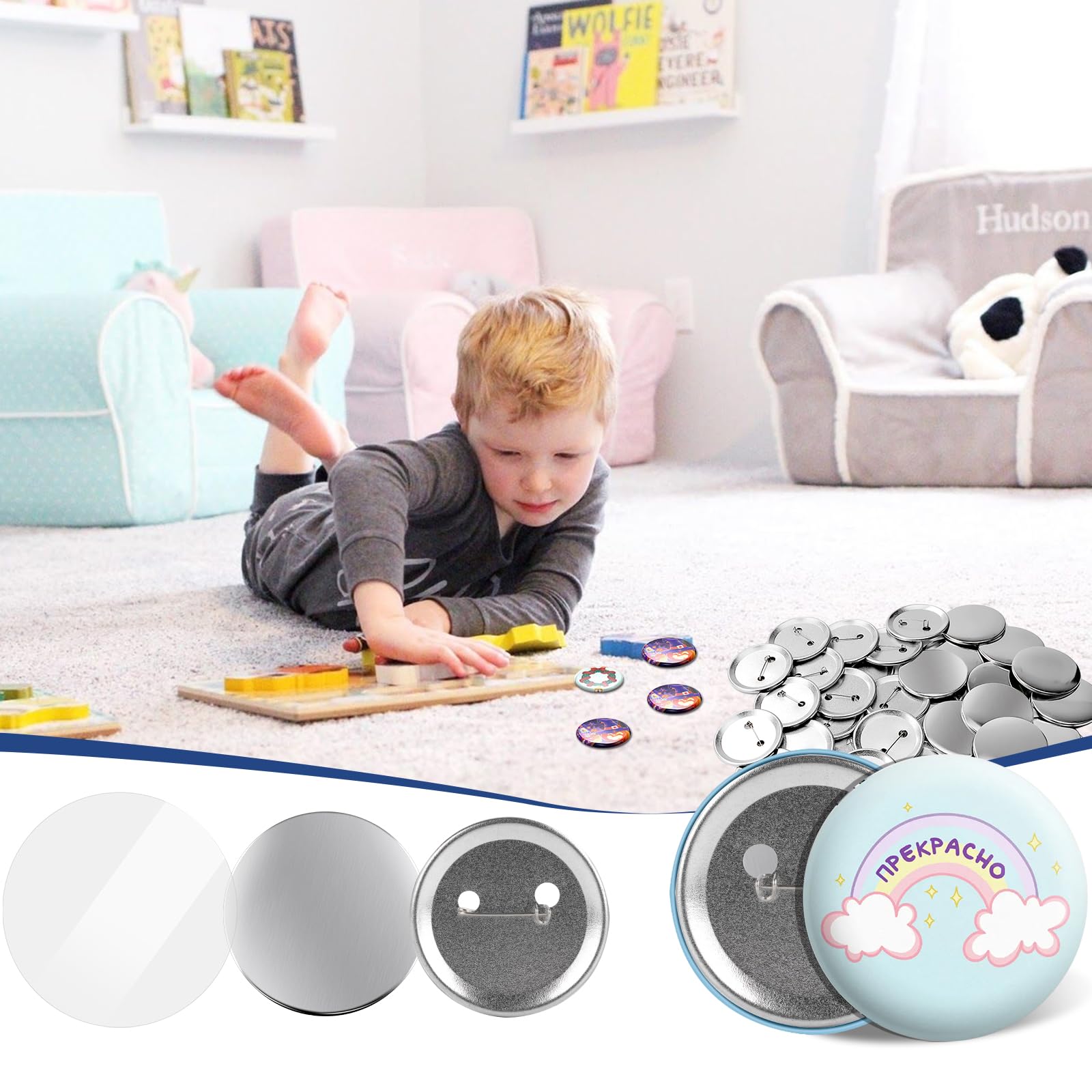 200 juegos de suministros para hacer botones, piezas de botón en blanco de 58 mm, incluyendo carcasas de metal, cubiertas traseras de pines y película de PVC transparente para manualidades