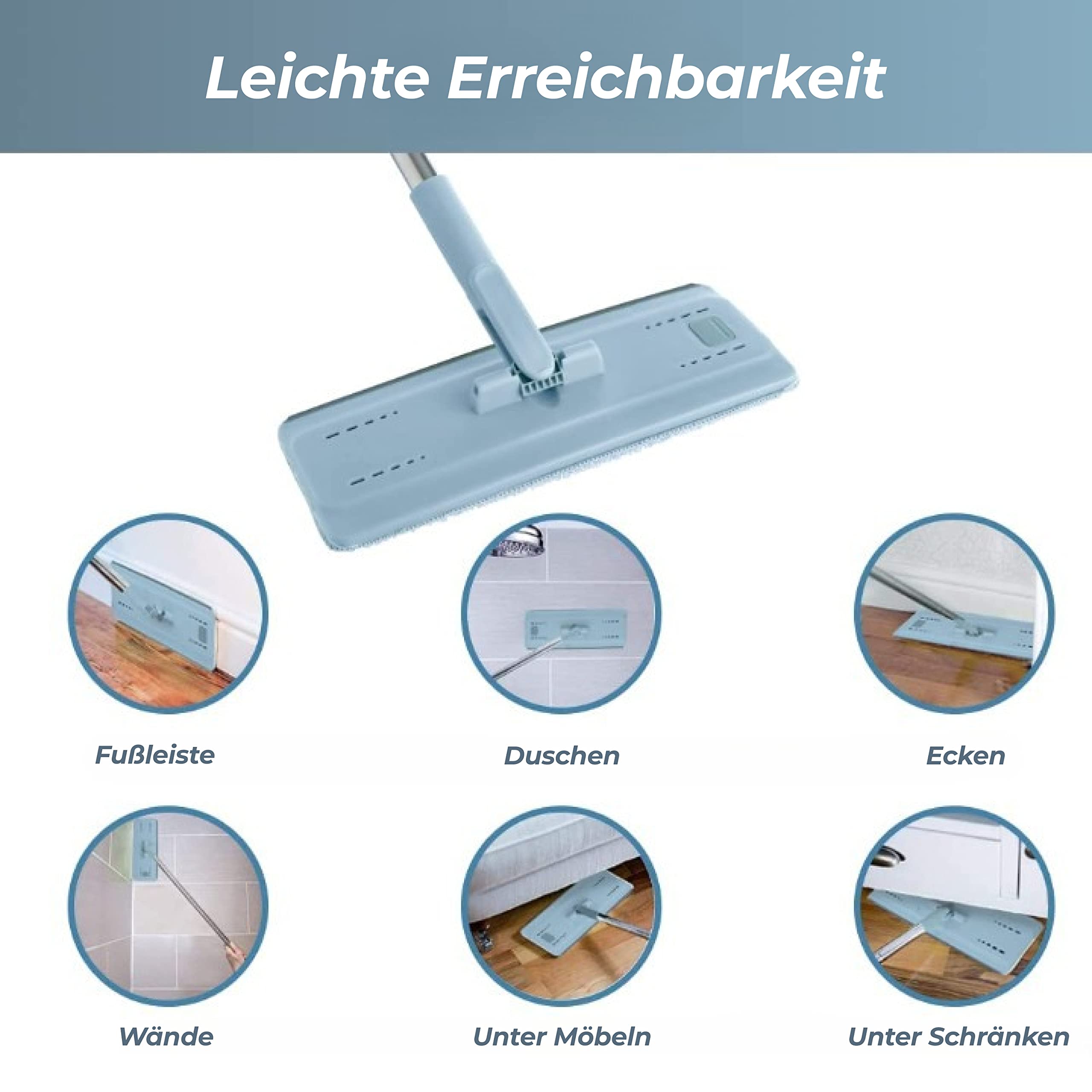 EasyGleam Wischmopp Set mit Doppelkammer-Eimer - Flacher Mikrofaser-Wischmopp mit Edelstahlgriff, Nass- und Trockengebrauch - 2 Wiederverwendbare Pads, für alle Böden geeignet - Blau