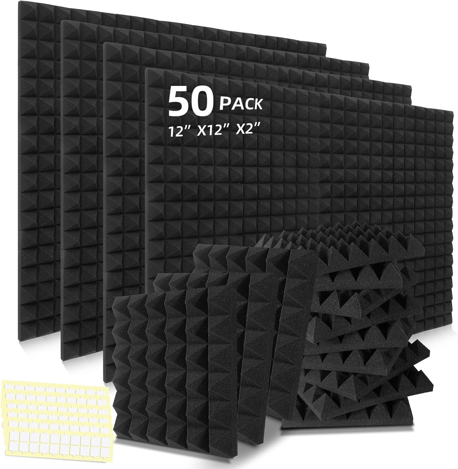 50 Pack Acoustic Foam Panels, 2 X 12 X 12 Inches Pyramid Designed Sound Proof Foam Panels for Walls, High Density and Fire Resistant Sound Panels, Studio Foam for Wall and Ceiling (Black, 50 Pack)