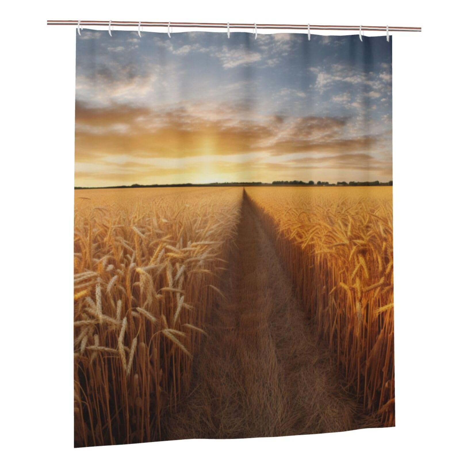 BWWHCCTI Golden Wheat Field Printed Shower Curtain With 12 Plastic Hooks Opaque Quick Drying Waterproof Shower Curtains Sets For Bathroom 152x183 Cm
