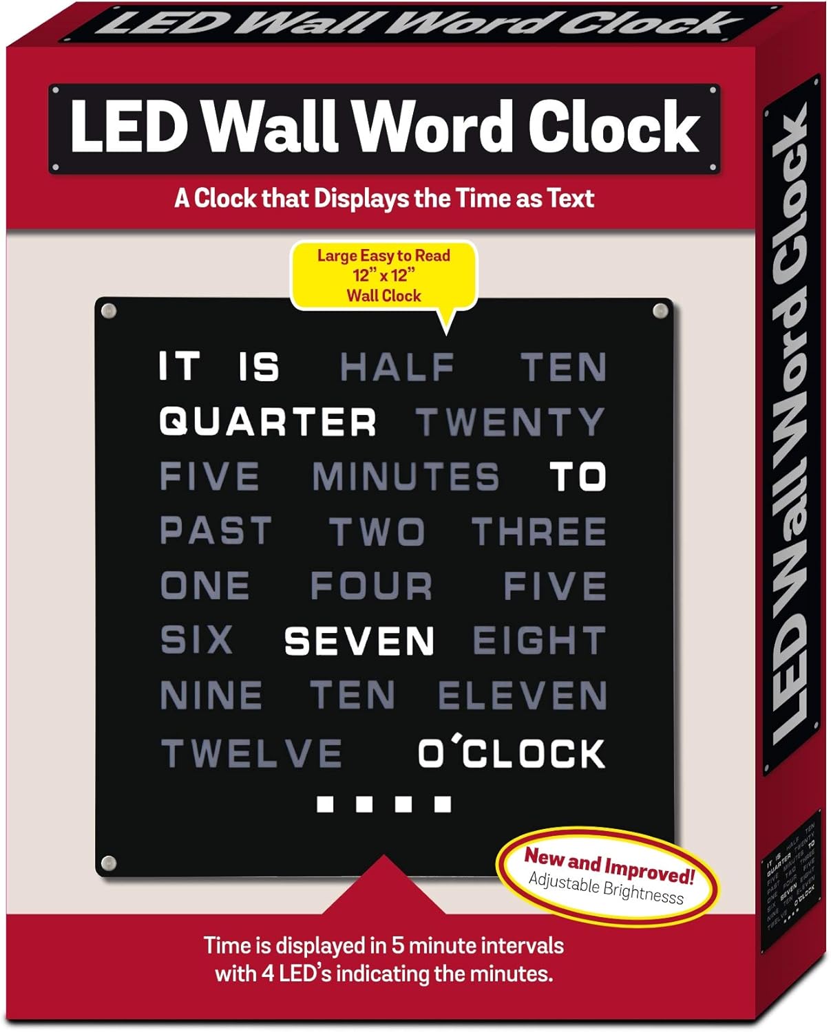 Tech Tools LED Word Clock - Displays Time as Text - Powered by AC Adapter (12" x 12")