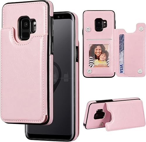 ZTOFERA Funda tipo cartera compatible con Samsung Galaxy S9 con soporte para tarjetas, de piel sintética, con ranuras para tarjetas, doble cierre