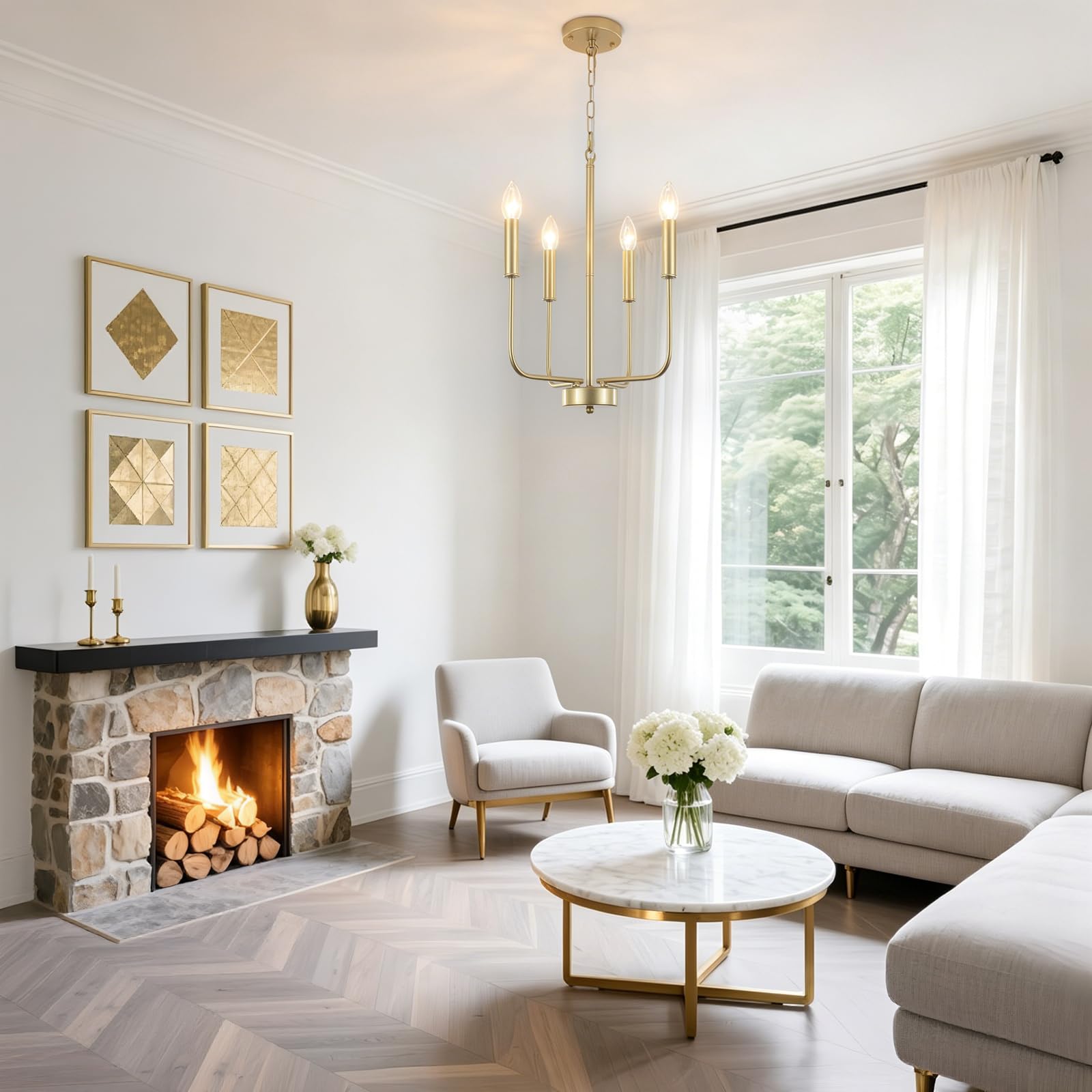 Kronleuchter Gold 4 Flamming Kronleuchter Modern Deckenleuchte Wohnzimmer | Deckenleuchte Kronleuchter Vinatge Pendelleuchte Modern Hängeleuchte für Esstisch Küche Schlafzimmer, Höhenverstellung, E14