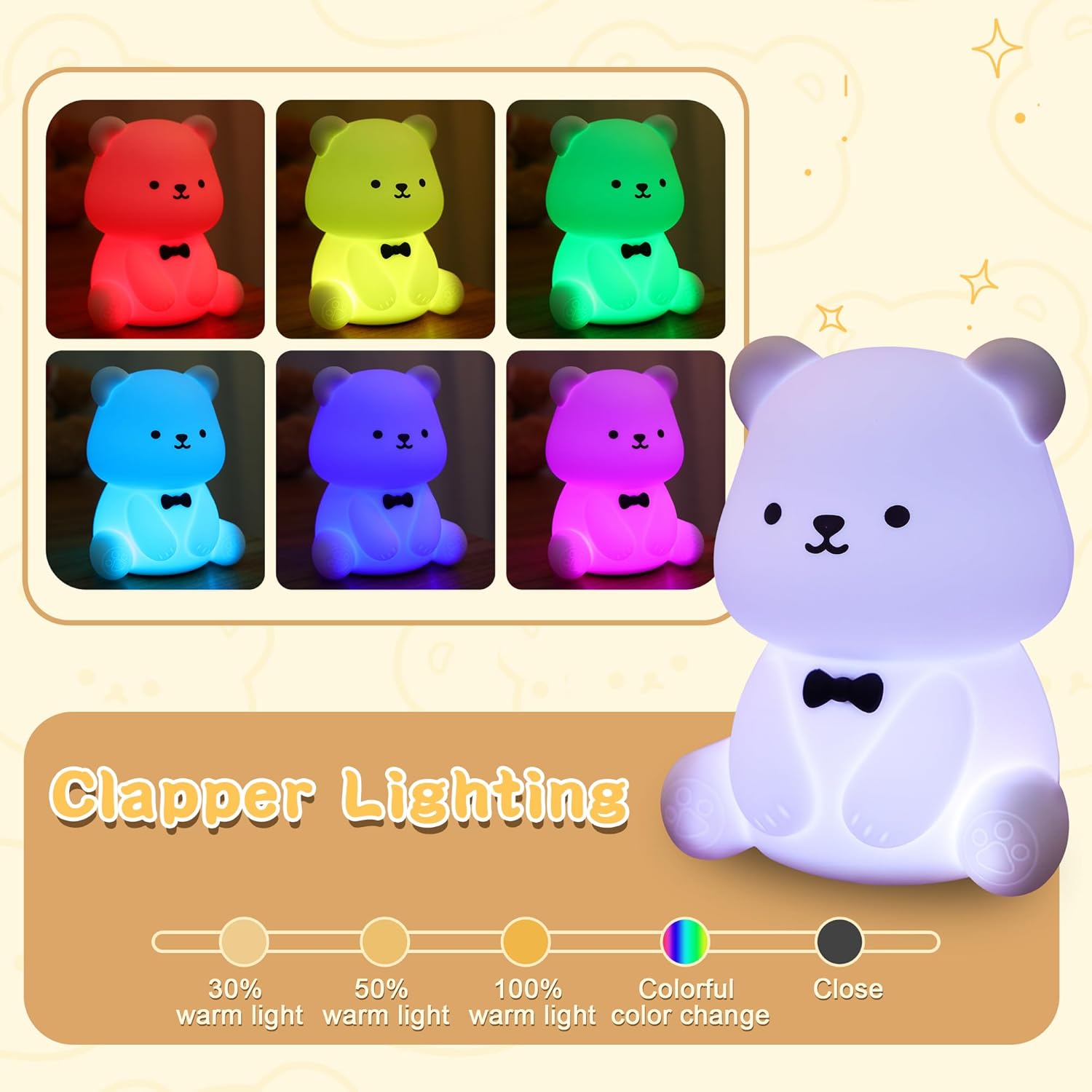 YuanDian Cute Bear Night Light for Kids, Decorate Kids' Bedroom with Silicone Bear Nightlights with 8 Color Lights, Christmas Birthday Gift for Children Toddlers Teens Adults Babies - Image 2
