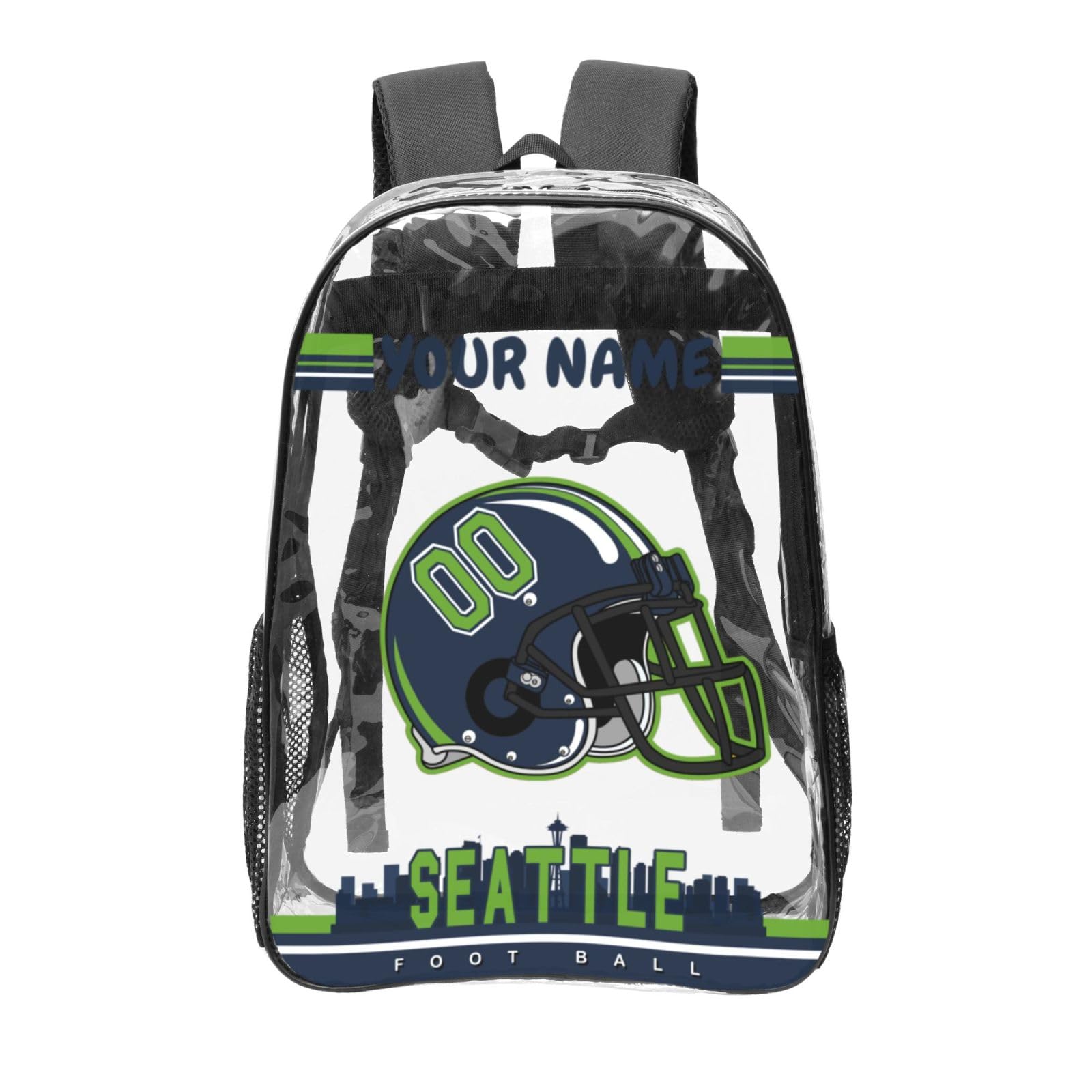 Custom Seattle Backpack Personalized Clear Backpack With Name And Number，Large Capacity Transparent Laptop Bag Football Style Casual Daypack Gifts For