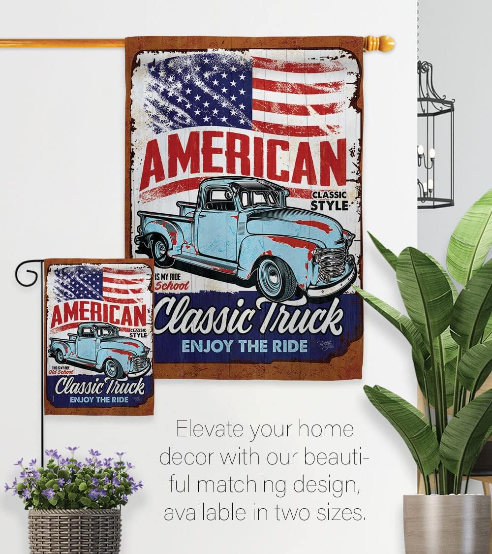 Breeze Decor Classic Truck Garden Flag Interests Vehicle Retro Car Motorcycle Scooter Vintage Hobbies Leisure House Decoration Banner Small Yard Gift Double-Sided, Made in USA
