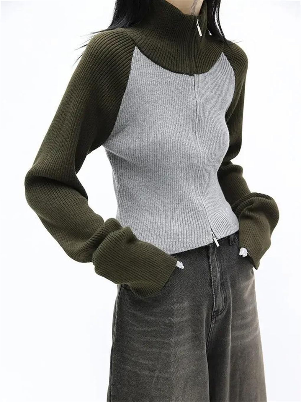 Cropped Cardigan Women Sweater Chic Patchwork Slimming Top Sweaters Coat Contrasting Colors Sweater