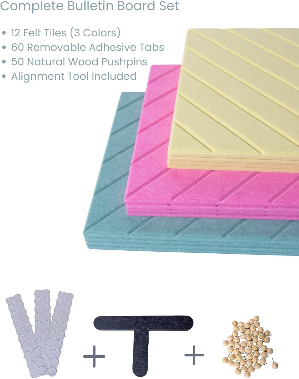 Decorative Felt Wall Tiles Bulletin Board - Large 47" x 35" Modern Pin Board Wall System for Home, Nursery, Dorm & Classroom - 12 Pack Cork Board Alternative with Push Pins & Adhesive Tabs (Sherbet)
