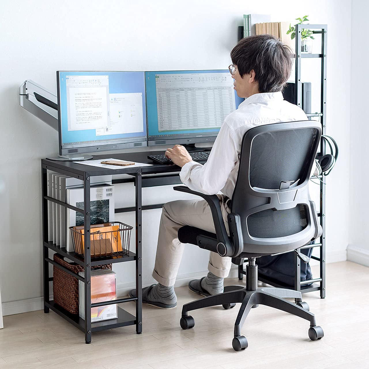 Amazon | サンワダイレクト パソコンデスク 収納ラック付 幅122×奥行