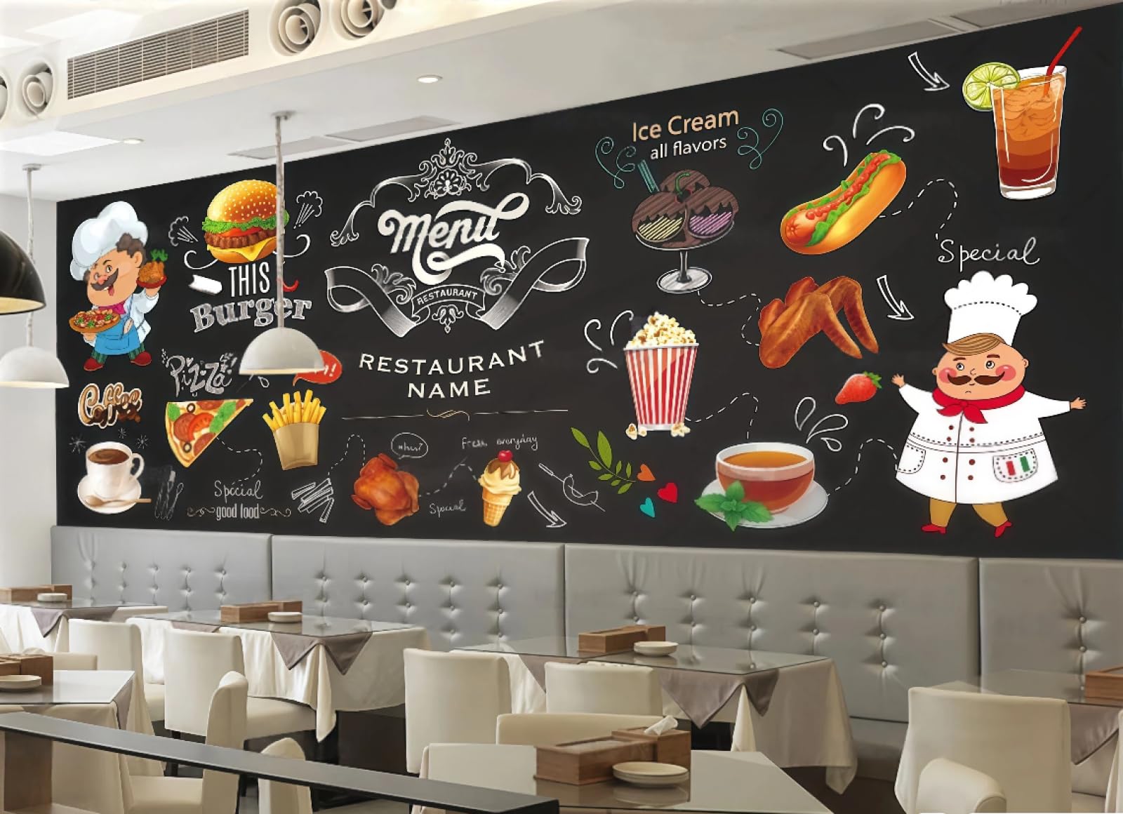 rskjdghshd Wallpaper Blackboard Hand-Painted Burger Cartoon Pizza Fried Chicken Fast Food Restaurant Afternoon Tea Background Wall Western Restaurant Wallpaper Cafe Mural,3D,250x175cm