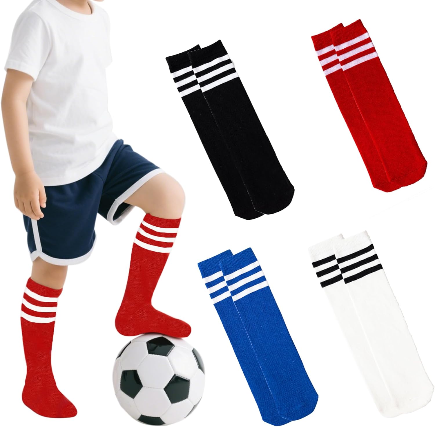 LPMOERA 4 Pairs Toddler Soccer Socks Girls Boys Baseball Softball Sock Football Knee-High Athletic Socks
