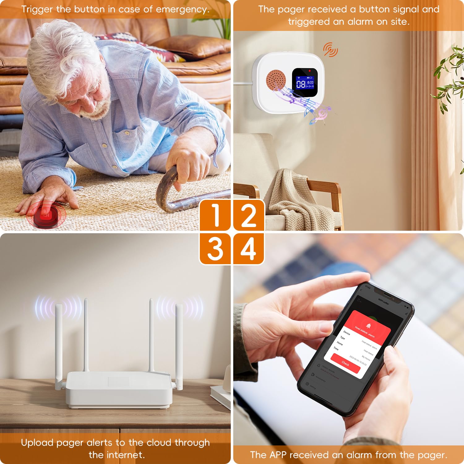 Pager SOS Intelligente per Anziani, Pulsante Salvavita Anziani App Tuya Smart/Smart Life,WiFi2.4G(433MHz),Salvavita Anziani 12 Suonerie Personalizzate, Distanza d’Uso 100m, Adatto per Casa di Riposo