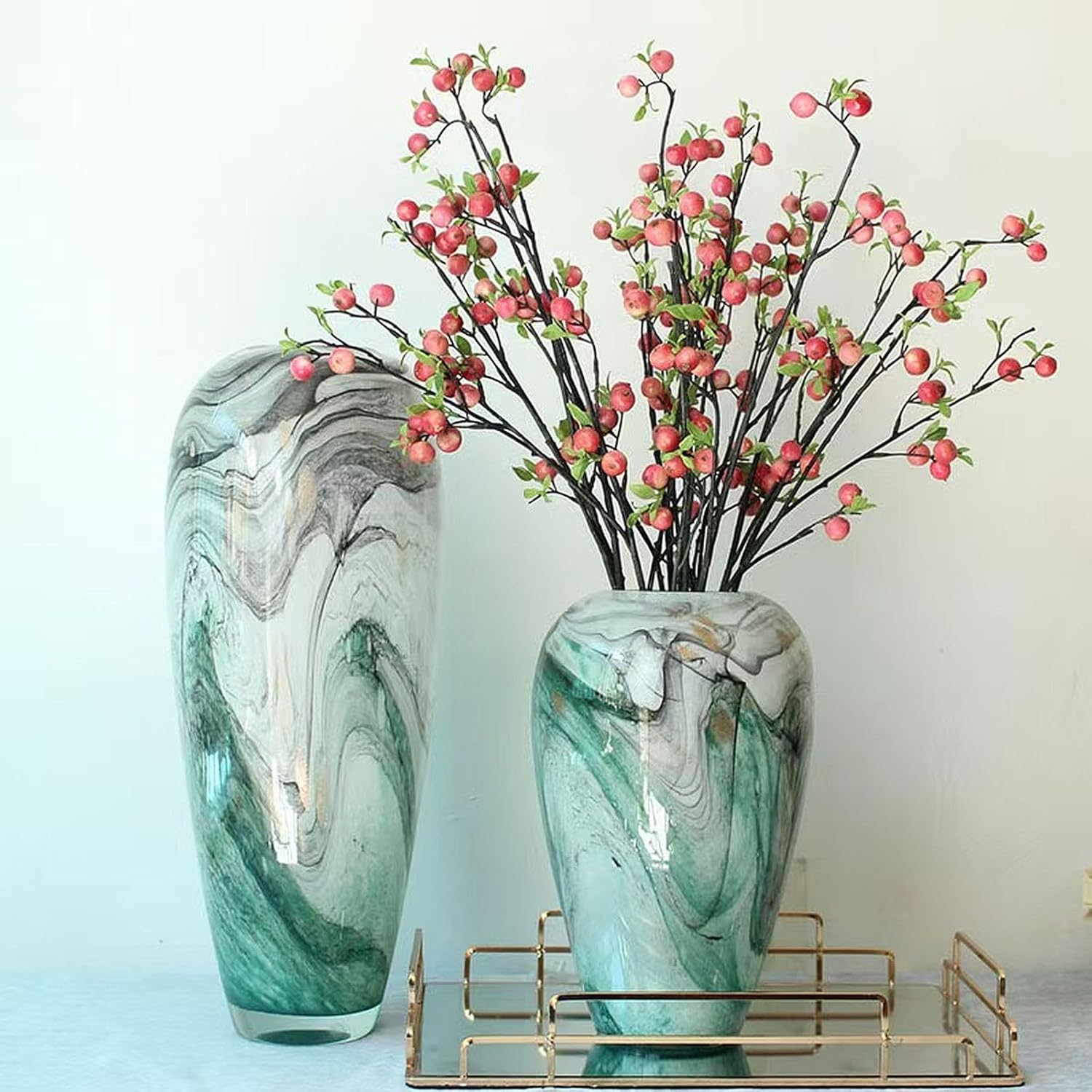 Huge Crystal Glass Vase, Ink Painting Art Vase, Light Luxury Style for Home Decor, Centerpiece, Office, Flowers and Buds (Small Green) - Image 6